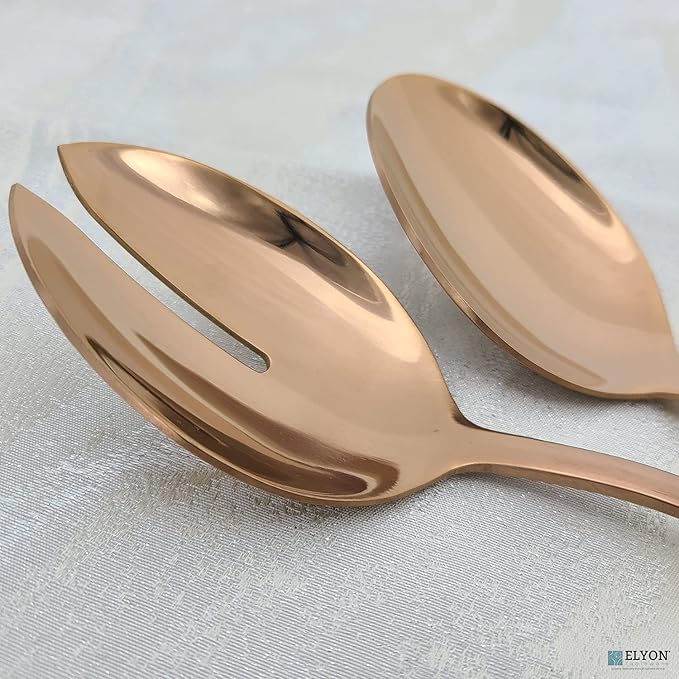 Elyon 3-Piece Copper Flatware Serving Spoons, Stainless Steel Hostess Set, Reflective Mirror Finish, Salad Servers with Complimentary Pie Pastry Server, Reusable Dishwasher Safe