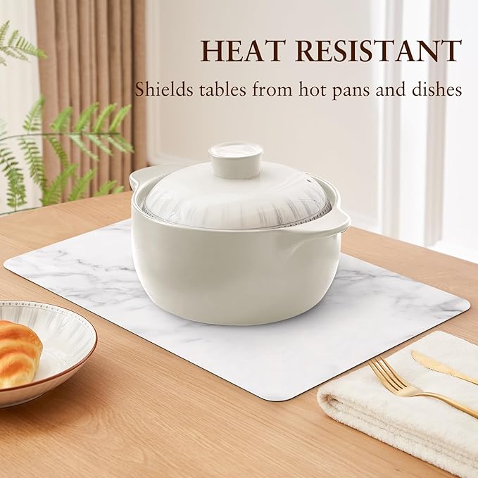 QIYI Placemats Set of 4, 12x18 Inch PU Leather Place Mats for Kitchen Dinning, Heat Resistant Anti Slip Table Mats, Waterproof Wipeable Washable Placemat Party Table Décor, White Marble