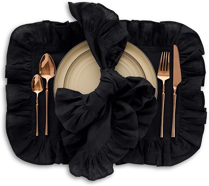 Solino Home Linen Ruffle Cloth Napkins Set of 4-100% Pure Linen Black Dinner Napkins 20 x 20 Inch for Winter, Christmas, New Year - Gabrielle Ruffle, Handcrafted and Machine Washable