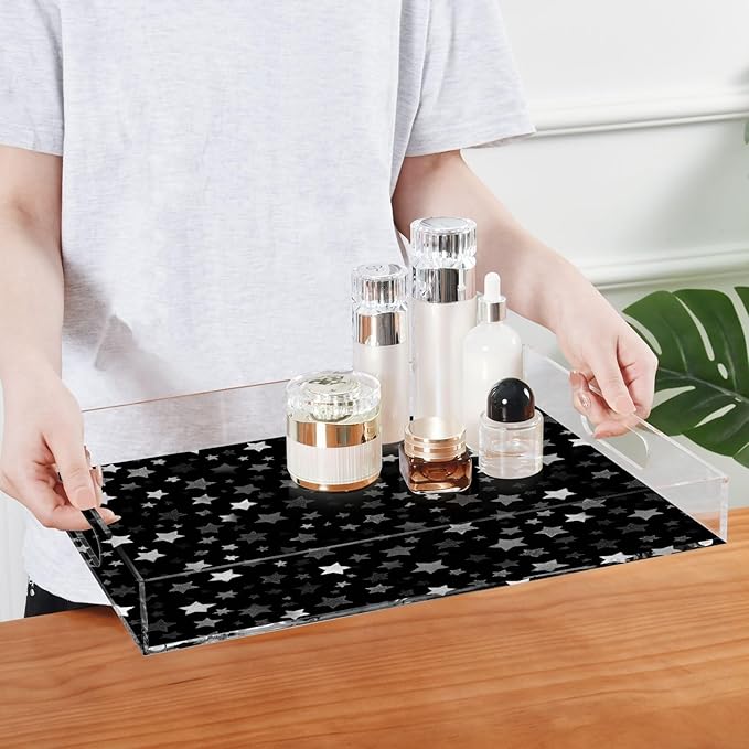 Serving Tray with Handles Clear Acrylic Tray 12x16 Inch Decorative Rectangular Tray Organizer for Ottoman Coffee Table Bathroom Cute Silver and Gray Stars
