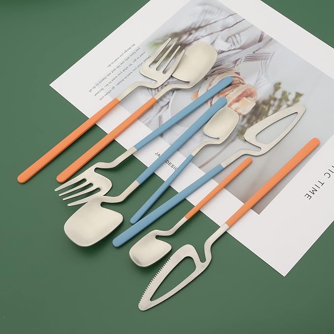 Brushed Flatware Set for 8, Uniturcky 32-Piece Matte Silverware Set with Colored Handles, 18/10 Stainless Steel Dinnerware Tableware Set, Eating Utensils for Party/Wedding/Home, Blue Handle