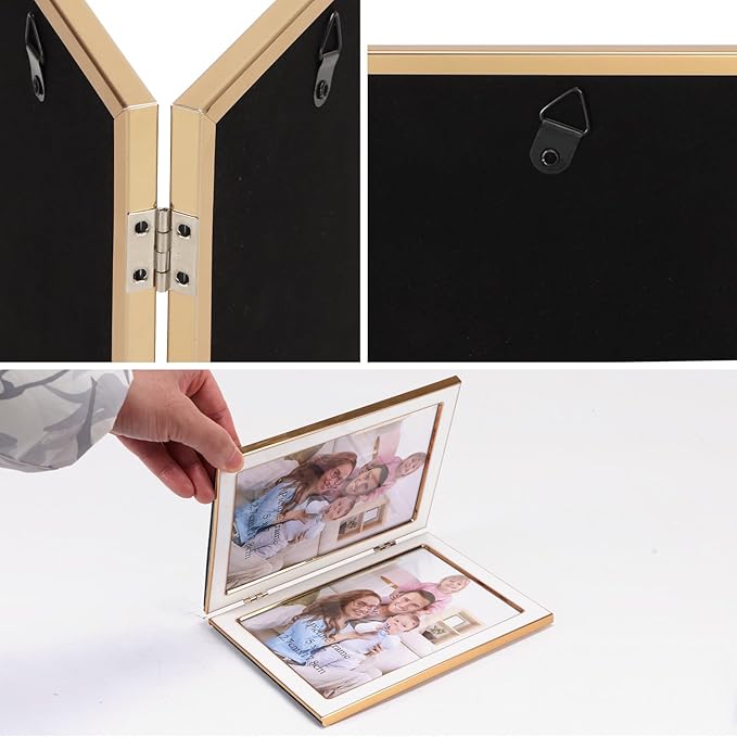 Giftgarden 5x7 Double Picture Frame White with Tempered Glass Display 5 by 7 Photo, Metal Hinged Folding Frame for Tabletop or Wall