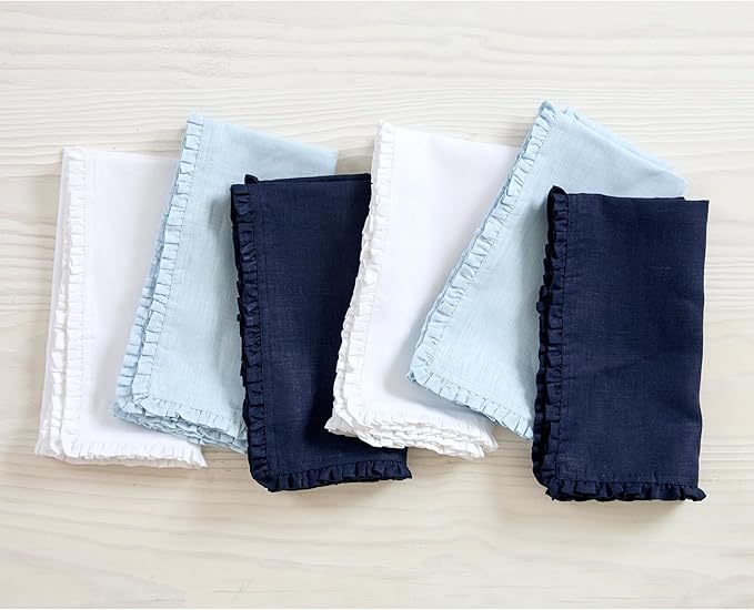Solino Home Ice Water Linen Dinner Napkins 20 x 20 Inch - 100% Pure Linen Juliette Ruffle Cloth Napkins Set of 4 for Christmas, New Year - Handcrafted and Machine Washable