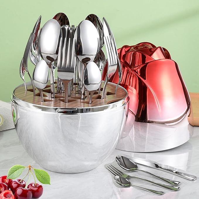 24pcs Stainless Steel Flatware Set, Rose Shape Cutlery Set, Mirror Polished Tableware Eating Utensils Set For 6, Tableware Cutlery Knife Fork Spoon Set, For Home Restaurant,Color-B