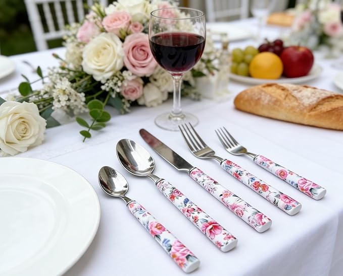 Elegant Peony Flower 20-Piece Stainless Steel Flatware Set – Durable, Modern Cutlery set, Service for 4 People, Perfect for Home, Weddings, Parties, and Everyday Use (Plastic Handle, Dishwasher Safe)