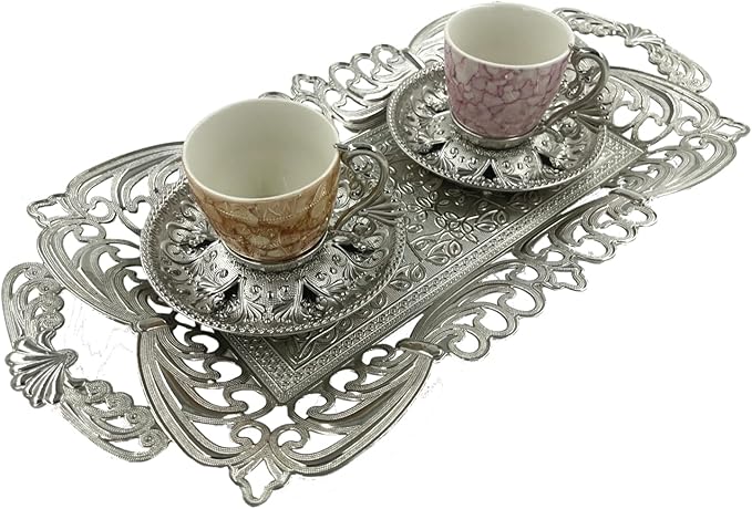 Turkish Tea Coffee Serving Tray with Handles Ottoman Decorative (Silver)
