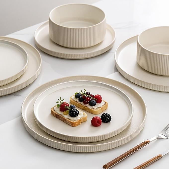 Dinnerware Set Service for 8, 24-Piece Ceramic Plates and Bowls Set, Chip & Scratch Resistant, Microwave and Dishwasher Safe, Modern Minimalist Tableware for Everyday Use, Matte White