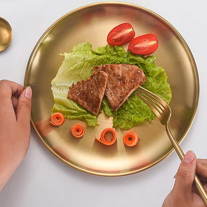 Stainless Steel Gold Plates 2 Set Round Dinner Dishes 10 Inch Metal Plates Great for Picnic,Outdoor Camping Plate,Shatterproof Dishwasher Safe