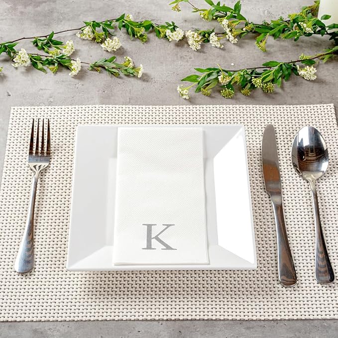 Luxenap 15.8 X 7.9 Inch Linen-Feel Guest Towels, 2000 Lettered Hand Towels - Silver Letter 'K', Sans Serif Font, White Paper Dinner Napkins, airlaid, For Restrooms And Tables - Restaurantware