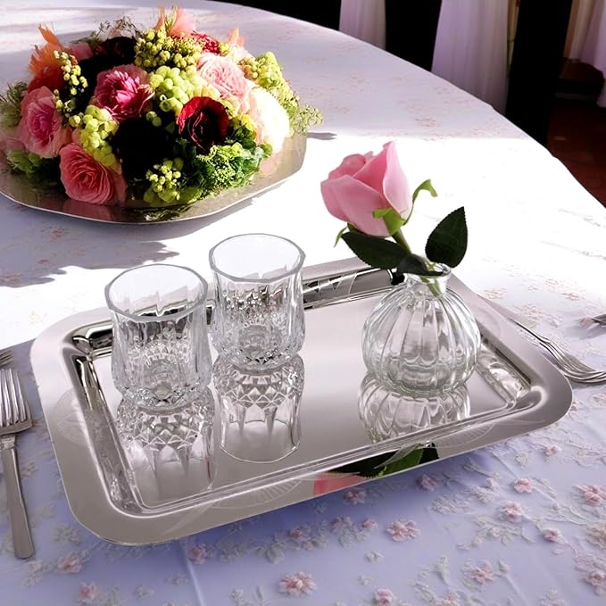 13.5 inch x 9.4 inch Oblong Chrome Plated Serving Tray Stylish Design Floral Engraved Iron Gold Edge Decorative Party Dessert Buffet Décor Wine Platter Plate NC-226