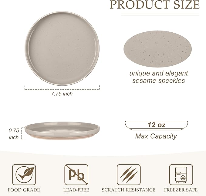 LIANYU 6Pcs Dinner Salad Plates Set, 7.75 Inch Stoneware Kitchen Dessert Flat Plate, Small Ceramic Serving Dishes for Dessert and Appetizer, Stackable, Oven, Microwave & Dishwasher Safe, Milky Brown