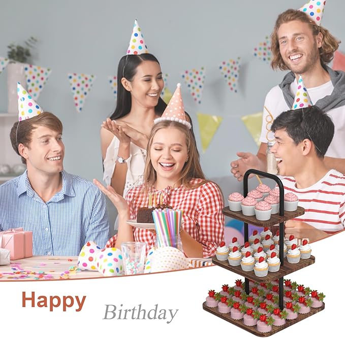 Cupcake Stand, 3-Tier Dessert Stand for 32 Cupcakes, Wood & Metal Tower Display Premium Holder Dessert Tree Tower for Christmas Birthday Weddings Party Decor, Serving Tray, Wood Brown