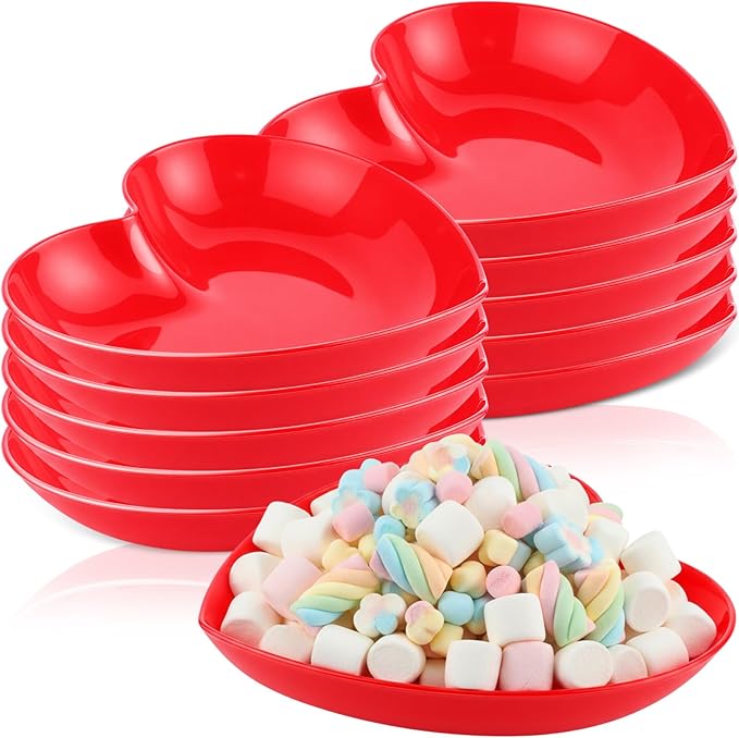 10-Pack 9.8 Inch Valentine's Day Candy Dish Heart Shaped Candy Bowl Plastic Dessert Plates Heart Shaped Dinner Bowl Party Serving Dishes for Salad, Cake, Snack, Waffles, Fruit, Appetizer(Red)