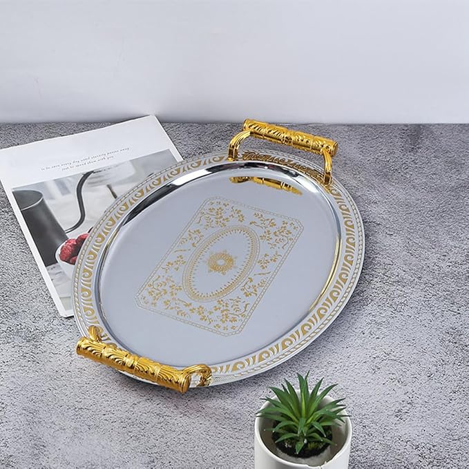European Style Stainless Steel Serving Tray Vintage Oval Food Storage Tray for Snacks Fruits Desserts Reusable Easy to Clean for Home Restaurant Use Silver Gold Edge