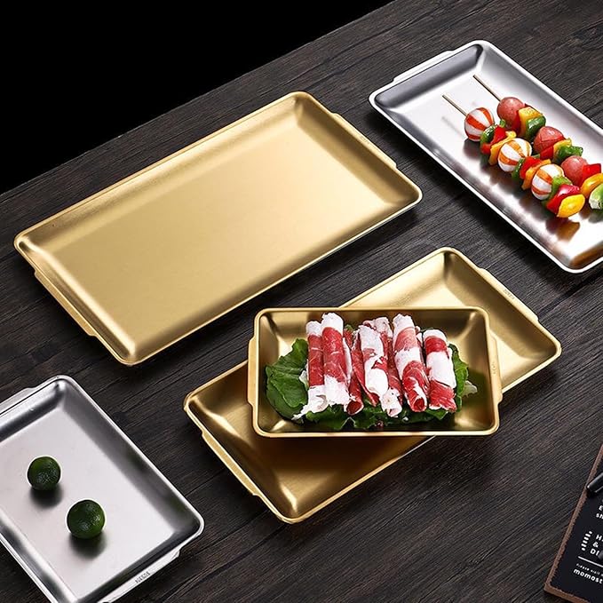 Stainless Steel Rectangle Serving Tray, BBQ Sushi Flat Dish Bread Pastry Baking Pan for Home Parties Living Room Restaurant Table,Silver,22 * 14cm