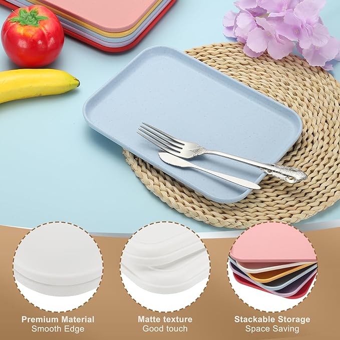 PATIKIL 12x8.7 Plastic Tray, 2 Pack Rectangular Plates Small Food Tray Wheat Plates Dishes Reusable Dessert Plate Trays with Cloth for Cake Fruits Salad Cupcake Steak Serving White