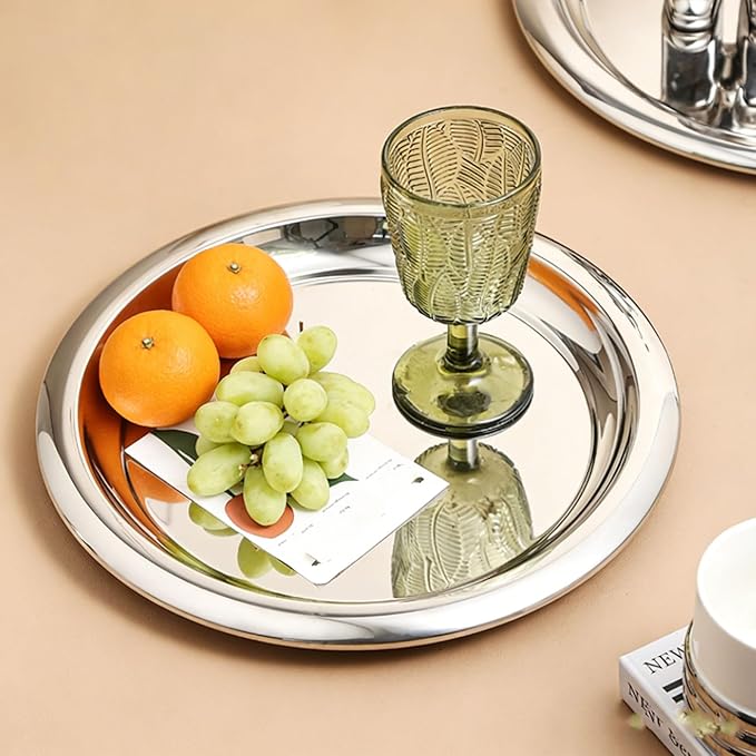 Pssopp DishFruit PlattersTrays Serving Tray, Silver Circular Metal Platter Decorative Tray for Displaying Whiskey Flutes Coffee Table Stainless Steel Round Stainless Steel Round (S)