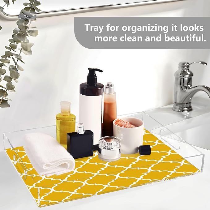 Serving Tray with Handles Clear Acrylic Tray 12x16 Inch Decorative Rectangular Tray Organizer for Ottoman Coffee Table Bathroom Yellow Quatrefoil