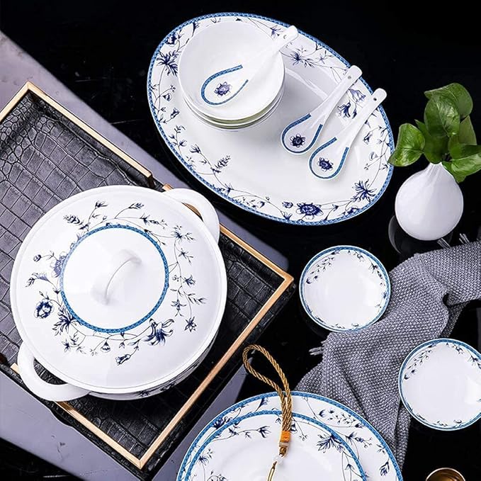 Dinnerware Set Dinner Party Tableware Service Set Ceramics Dinnerware Set with 48-Piece, Bowl/Stockpot/Dish/Spoon|Bone China Dinner Sets, Blue and White Pattern Porcelain Combination Set