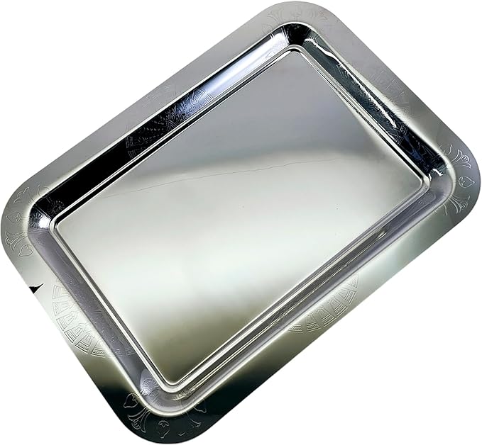 (Pack of 2) 20 inch x 14.4 inch Oblong Chrome Plated Serving Tray Stylish Design Floral Engraved Edge Decorative Party Wedding Dessert Buffet Décor Wine Platter Plate NC-064