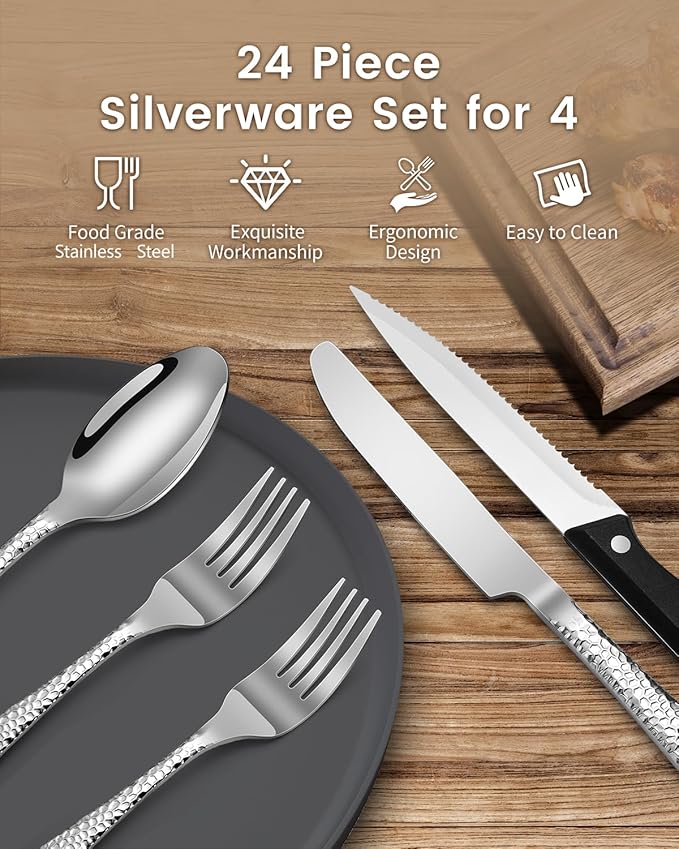 Hammered Silverware Set for 4, Heavy Duty 18/0 Flatware Set with Steak Knives, Aswwid 24 Pcs Stainless Steel Kitchen Cutlery Set Include Forks Spoons and Knives, Mirror Utensil Dishwasher Safe