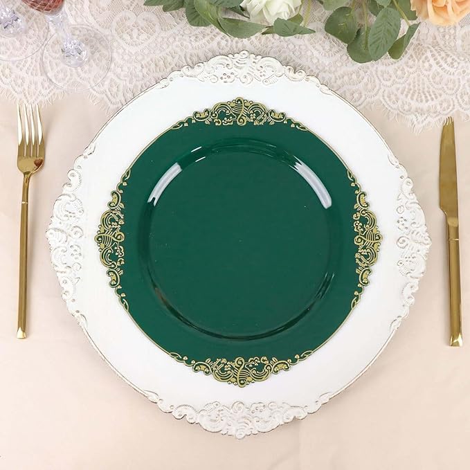 10" Dinner Plates -Set of 30 - Plastic Hunter Green Round Baroque Disposable Chargers Leaf Embossed Rim, Ideal for Dinner Party Wedding Bulk Events