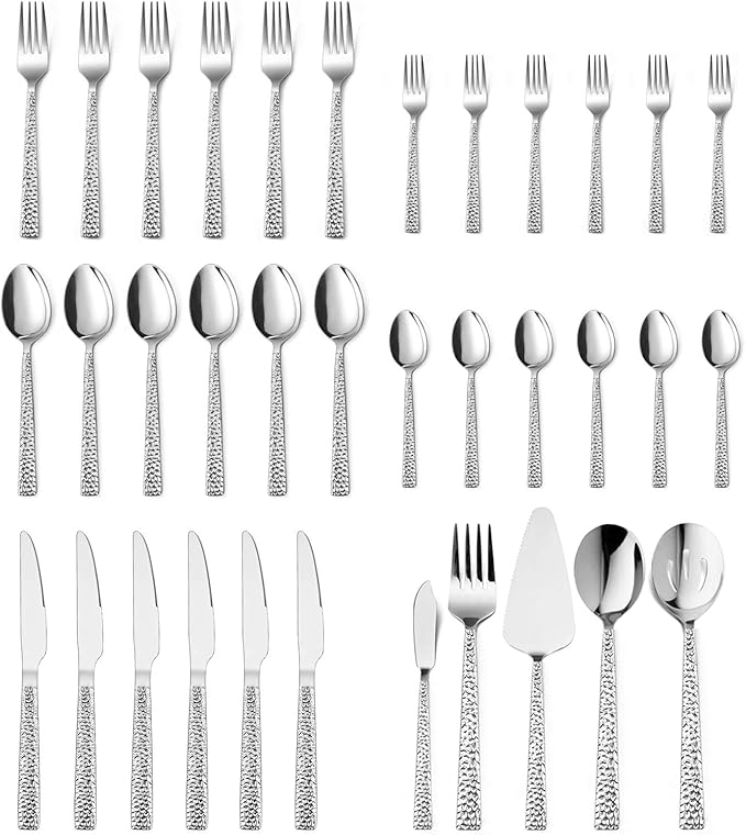 35-Piece Silverware Set with Serving Pieces, E-far Stainless Steel Hammered Flatware Eating Utensils Service for 6, Modern Tableware Cutlery Set with Square Edge, Mirror Polished, Dishwasher Safe