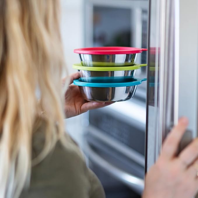 Messy Mutts 6-Piece Set | Three Stainless Steel Bowls and Three Colorful Silicone Lids | Sealable Travel Containers | Portable Food/Water Dishes for Pets | Extra-Large, 6 Cups