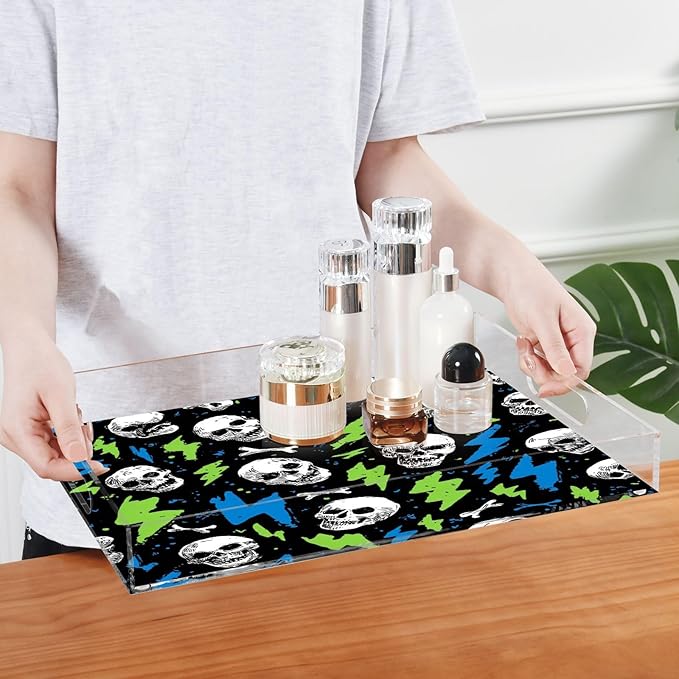 Serving Tray with Handles Clear Acrylic Tray 12x16 Inch Decorative Rectangular Tray Organizer for Ottoman Coffee Table Bathroom Skull Lightning Colorful