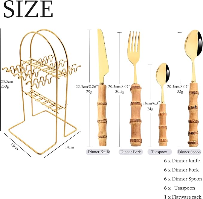 24-Piece Gold Stainless Steel Flatware Set, Bamboo Handle Cutlery with Stand Dinnerware Set Include Knife Fork Spoon And Teaspoon, Service For 6, Mirror Finished.