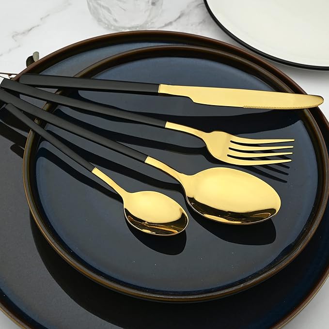 24 Piece Mirror Golden Plated 18/0 Stainless Steel Flatware Set, Black Handle With Golden Mouth Silverware Set With Teaspoon Cutlery Set Service for 6