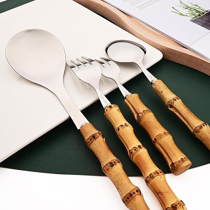 8pcs 304 Stainless Steel Bamboo Handle Cake Fork, Silver 3-Tine Fork Small Resuable Tasting Fork For Dessert Cake Teaforks, 6.3-inch