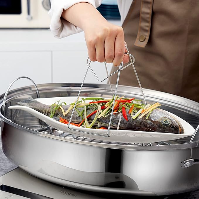 Stainless Steel Oval Roaster Pan, Serving Platter Cookie Trays Dish, Dishwasher & Oven use, Covered Turkey Roasting Pan for Cooking Chicken, Fish, Lasagna