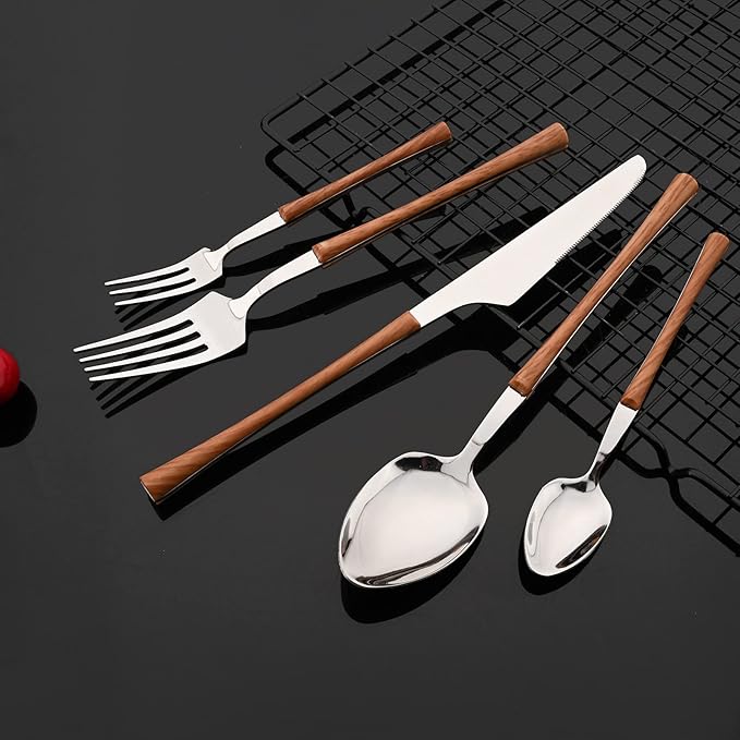 JASHII 24pcs Stainless Steel Imitation Wood Handle Cutlery Set, Knife Fork Tea Spoon Silverware Kitchen, Silver Flatware Set for 6, Mirror Polished Small Waist Handle - Brown&Silver