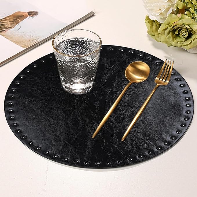 FAVE Black Faux Leather Placemats 13.78Inches Round Placemat Set of 2 Heat Resistant Place Mats for Kitchen Table Wipeable Fall Placemats Table Mats with Rivets High Texture Placemat (Black)