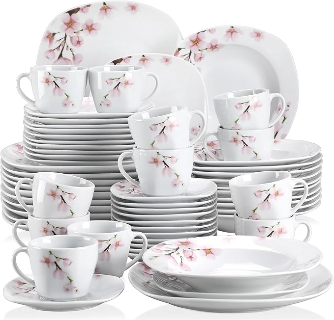 30/60-piece White Ceramic Pink Floral Porcelain Plate Set, Including 5 Dinner Plates, Soup Plates, Dessert Plates, Cups and Saucers, Serving up to 12 People, totaling 30 Pieces.,30-Piece-