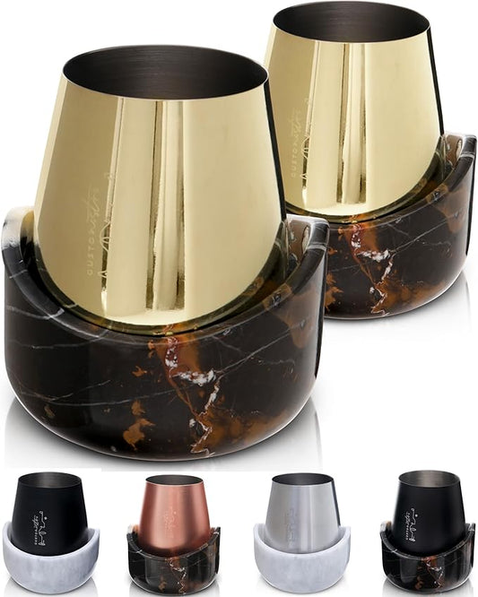 Gusto Nostro Marble Wine Chiller for Glass & Stainless Steel Tumbler Set of 2 - Wine Glass Chiller Holder for Freezer - Cool Set of Chillers & Stemless Wine Metal Tumblers for Home, Bar (Black & Gold)