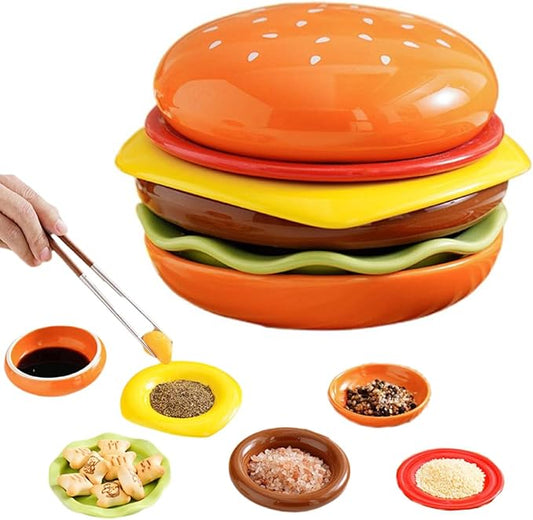 Stackable Hamburger Plate Set, Burger 6-Layer Mini Dinner Plate, Funny Ceramic Sauce Containers, Ceramic Hamburger Shaped Bowls and Plates Tableware for Burger Sauce, Sushi Dip, Appetizer, Snack