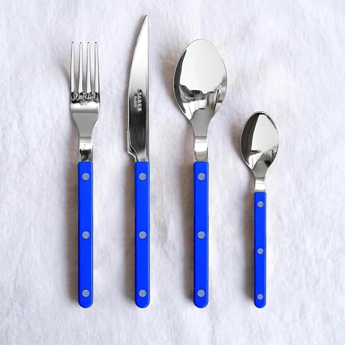 SABRE PARIS - 5-Piece Flatware Set - Bistrot Collection - Knife, Fork, Soup Spoon, Teaspoon & Dessert Fork - Stainless Steel & Nylon - Dishwasher Safe - Lapis Blue - Brilliant Finish