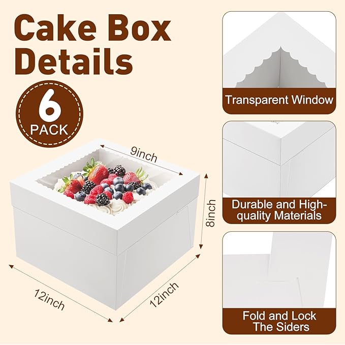 NEOACT 6 Pack Cake Boxes with Cake Boards,12x12x8 Inch White Bakery Boxes with Windown,Disposable Cakes Transport Container, Tall Cake Carrier Holder for Cakes, Pie, Cupcakes, Pastry