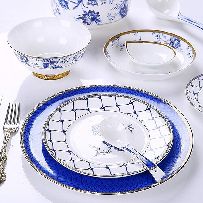 Ceramic Tableware Set, Bowls/Plates/Saucers/Spoons | Bone China Tableware Set, Modern Blue and White Porcelain Pattern Set, 60 Pieces.,-60pieces