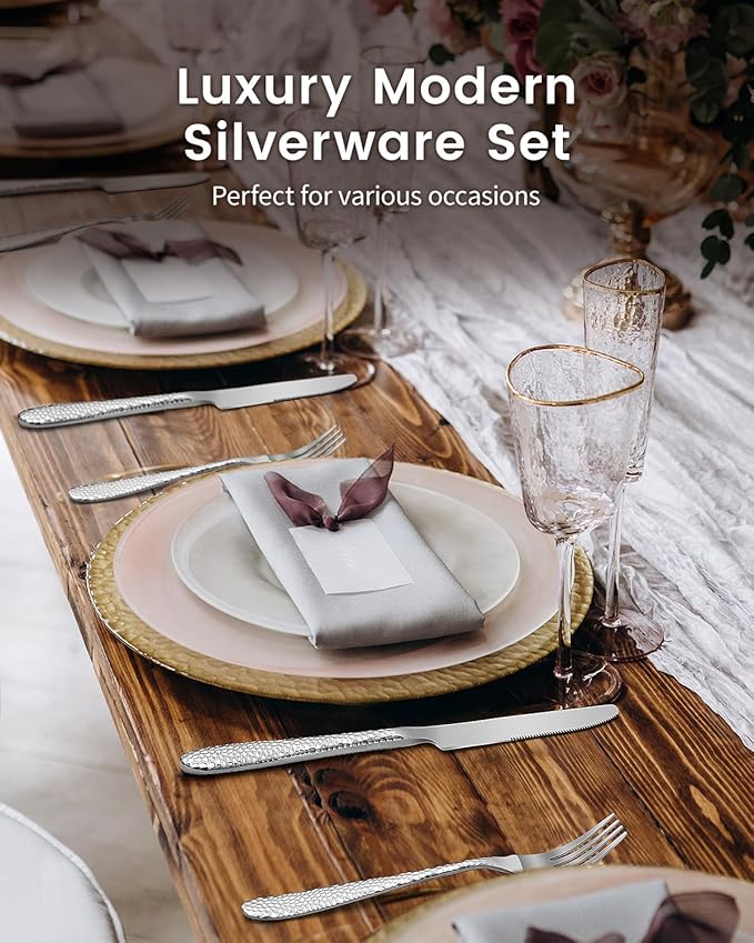 Hammered Silverware Set for 4, Heavy Duty 18/0 Flatware Set with Steak Knives, Aswwid 24 Pcs Stainless Steel Kitchen Cutlery Set Include Forks Spoons and Knives, Mirror Utensil Dishwasher Safe