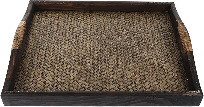Large Rectangular Wood Tea Tray with Raised Handles, Southeast Asian Style Rattan Woven Serving Tray for Tea Room, Dessert, Fruit Bread, and Beverage Display