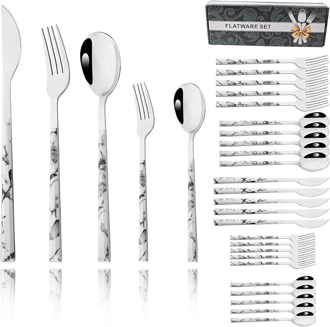 30pcs Marble Handle Flatware Set, Stainless Steel Cutlery Set Include Knife/Fork/Spoons, Mirror Polish, Service for 6 (White Silver)
