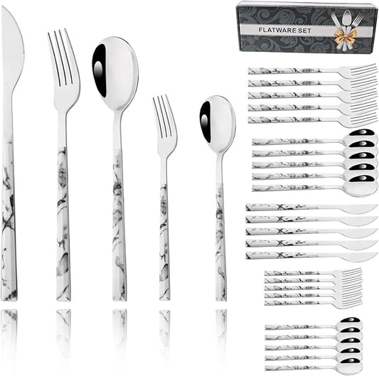 30pcs Marble Handle Flatware Set, Stainless Steel Cutlery Set Include Knife/Fork/Spoons, Mirror Polish, Service for 6 (White Silver)