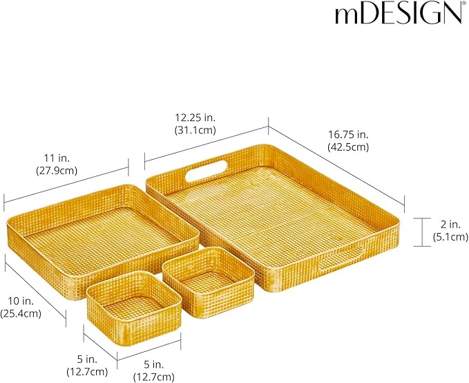 mDesign Nesting Hammered Stainless Steel Tray Set with Handles - Decorative Serving Trays for Entertaining - Holds Food, Tea, or Coffee - Metal Serving Platter for Breakfast Table - Set of 4 - Yellow