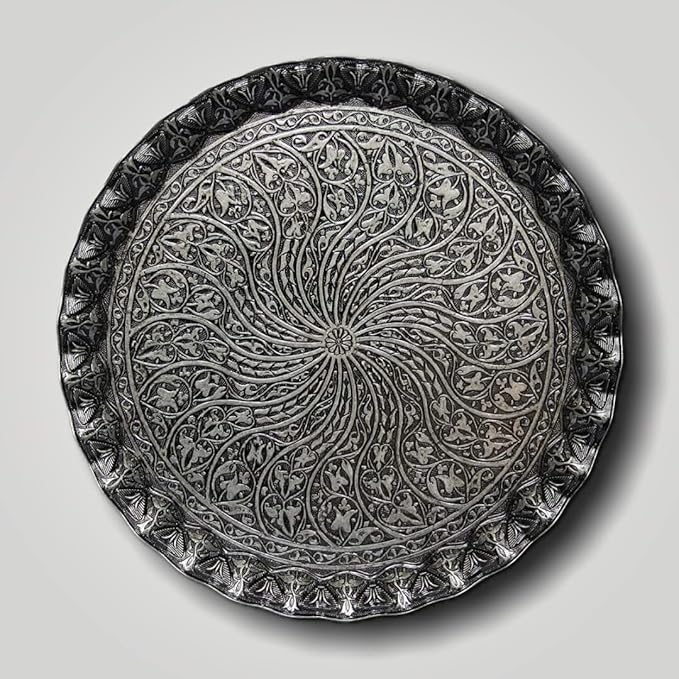 Alisveristime Turkish Ottoman Coffee Tea Serving Tray – 11.8 Inches, Wavy Zamac Tray with Traditional Motifs, Available in Five Color Variations (Black)