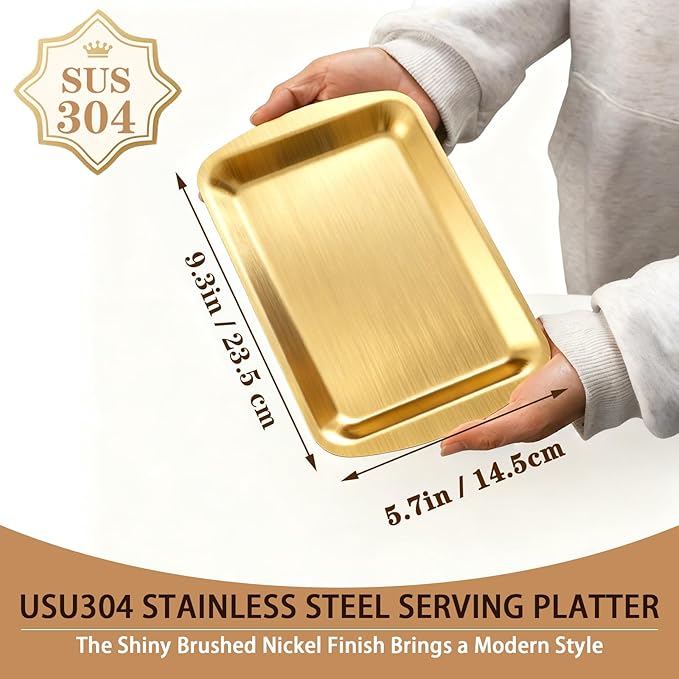 Gold Serving Tray SUS304 Stainless Steel Rectangular Tray, Metal Tray with Handles, Decorative Organizer Trays for BBQ,Party,Buffet,Coffee,Appetizer, 9.2x5.7Inch