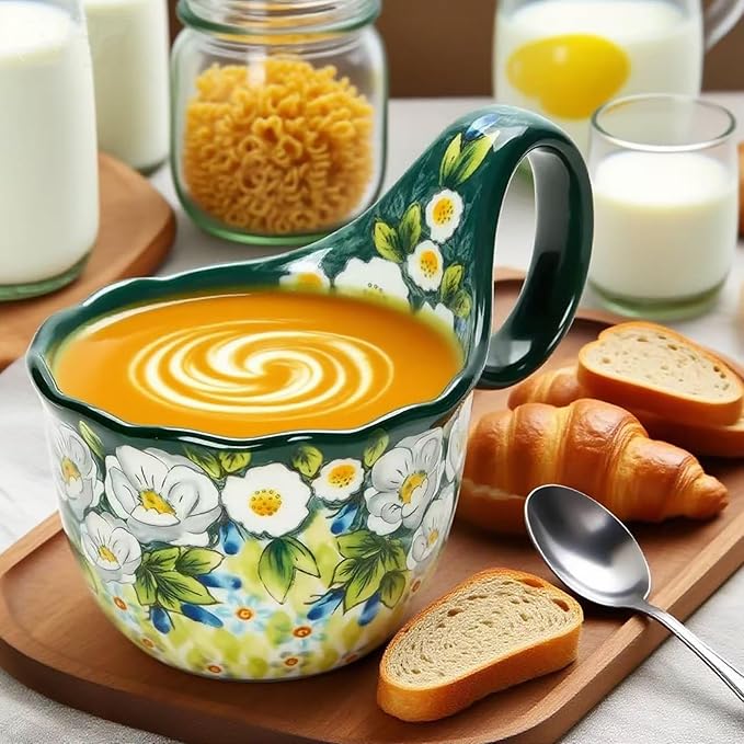 OZY Handpainted Soup Bowl with Handle,Ceramic Cereal Bowl Great for Soup, Ice cream, Fruits,Snack,Microwave &Dishwasher Safe (Green)