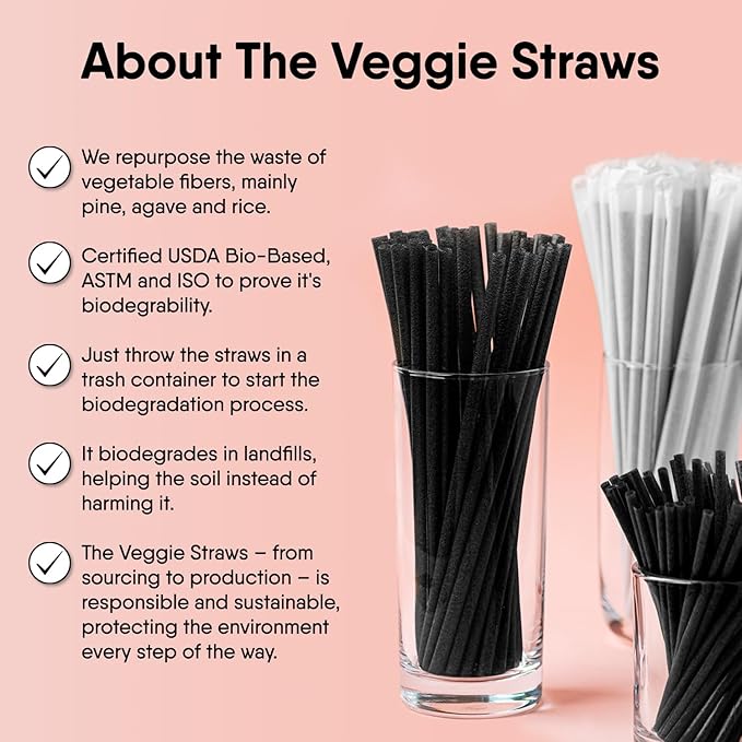 – 100 PCS of 8.25 Inches Individually Wrapped Black Biodegradable Straws – Made of Vegetable Fibers, Best Environment Friendly Drinking Straws for Hot and Cold Beverages